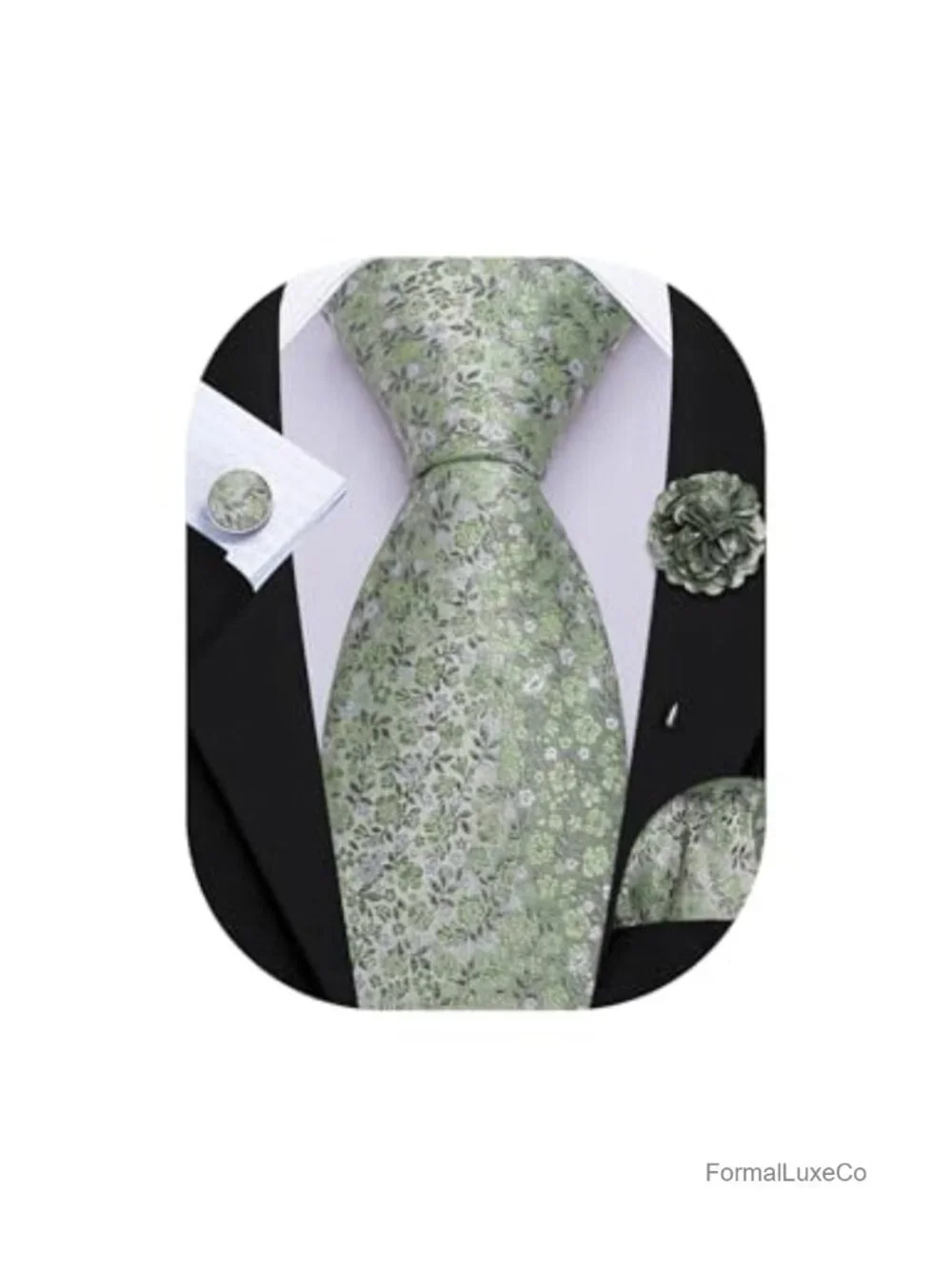 Men's Floral Tie Set with Pocket Square Cufflinks Lapel Pin Gift Box